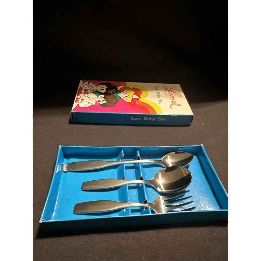 Vintage Leonard Silver Co.‎ Stainless 3 Piece Baby Flatware Set Mint in Box NIB